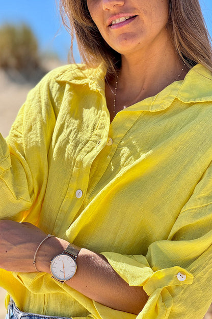 Camisa Lino Amarilla Botones Nácar