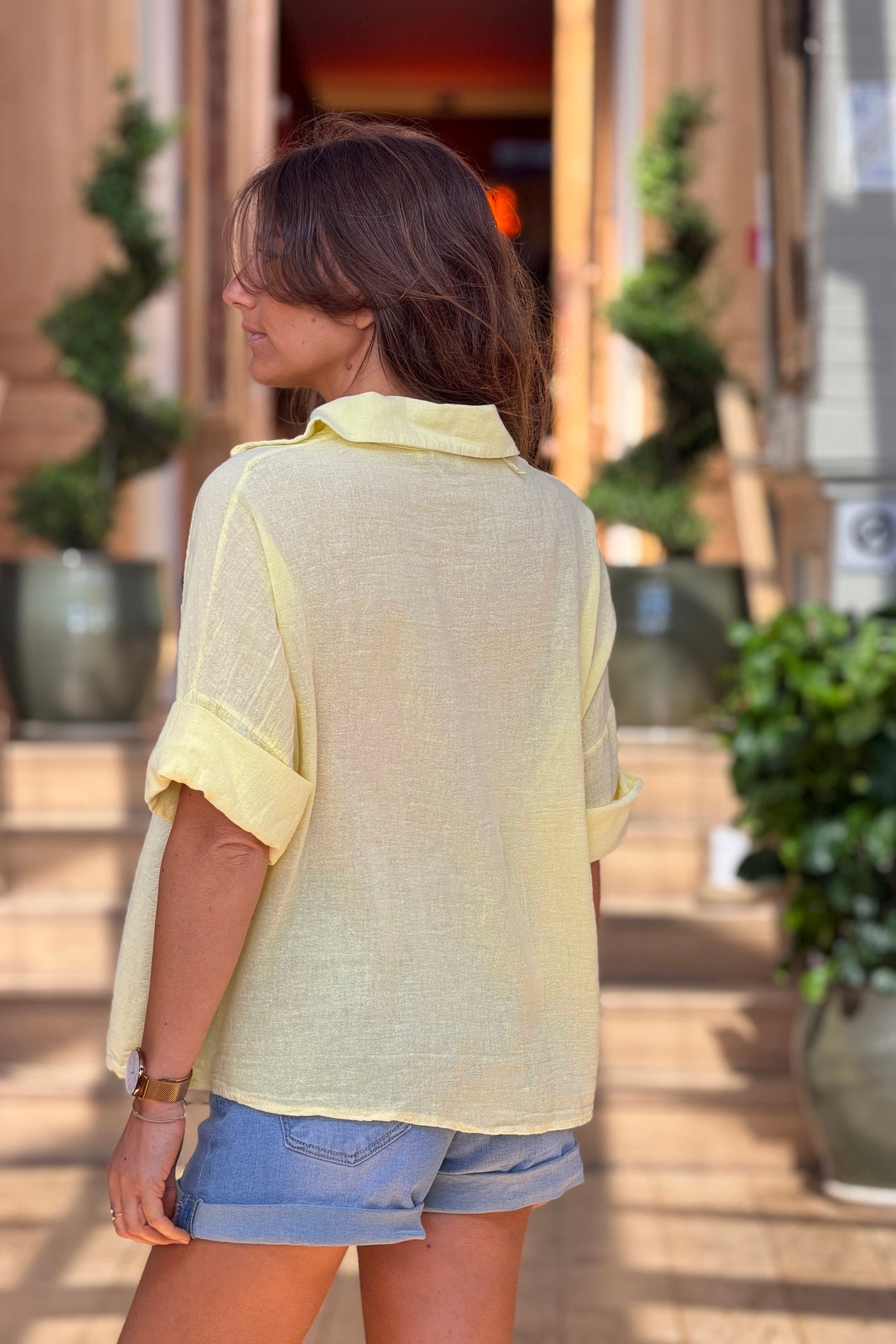 Camisa Amarilla Lavada Algodón Mangas 3/4 Bolsillos