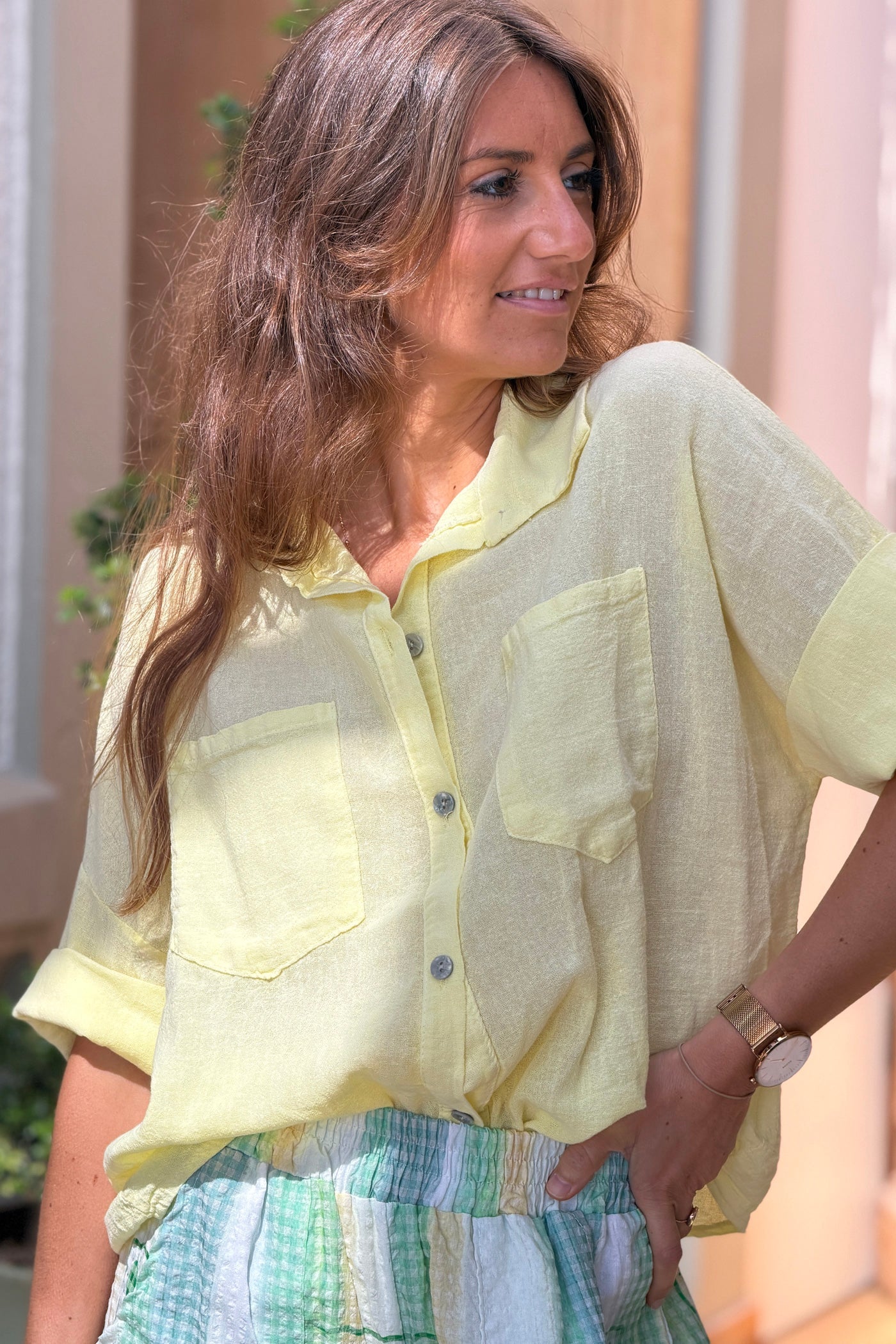 Camisa Amarilla Lavada Algodón Mangas 3/4 Bolsillos