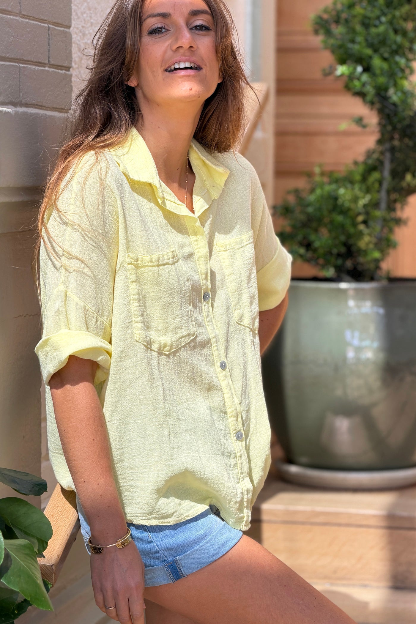Camisa Amarilla Lavada Algodón Mangas 3/4 Bolsillos