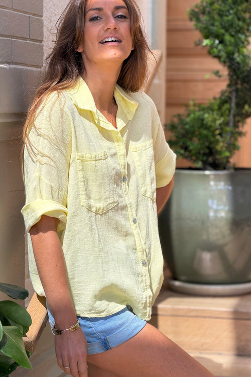Camisa Amarilla Lavada Algodón Mangas 3/4 Bolsillos