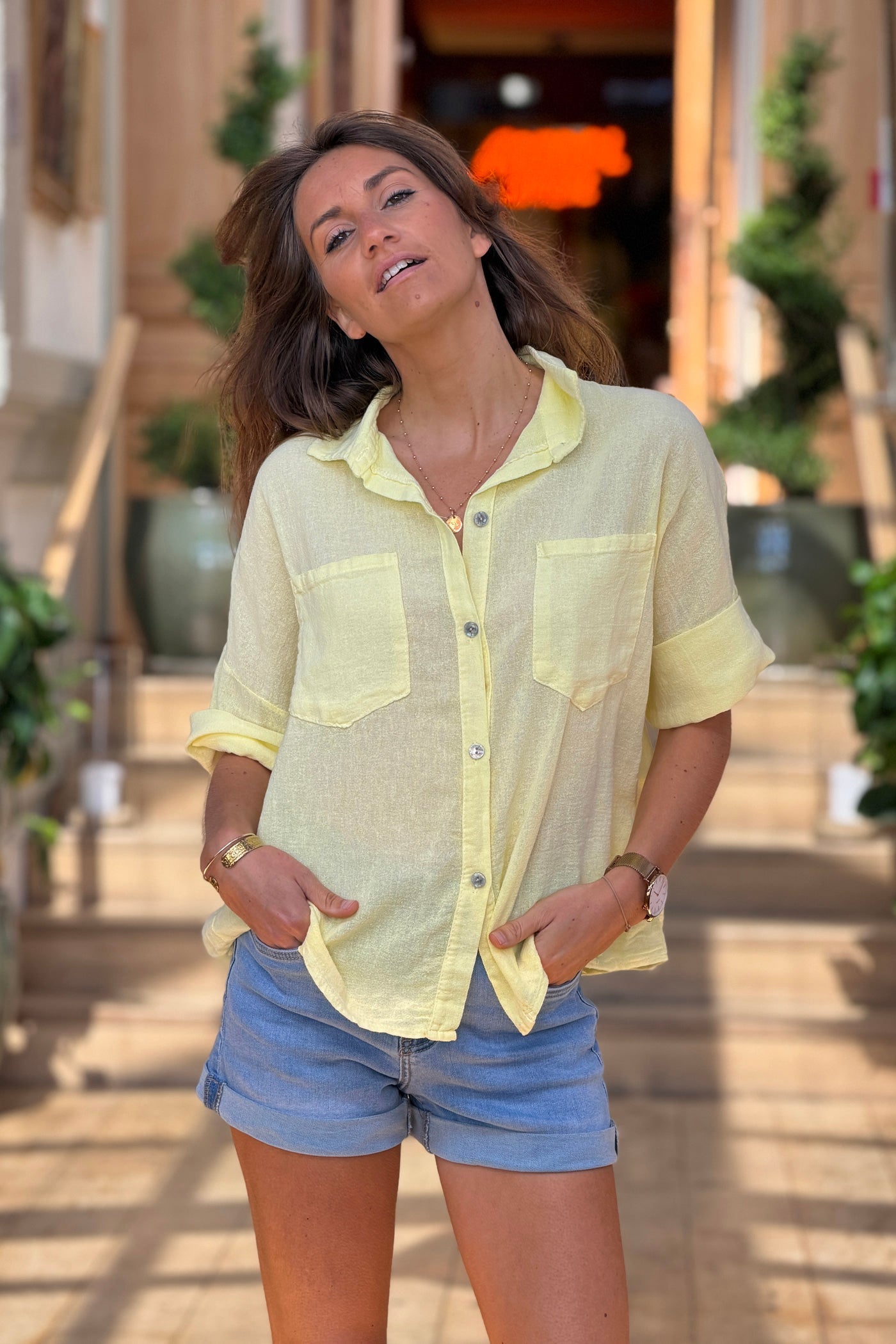 Camisa Amarilla Lavada Algodón Mangas 3/4 Bolsillos