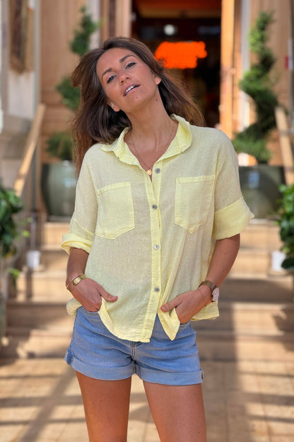 Camisa Amarilla Lavada Algodón Mangas 3/4 Bolsillos