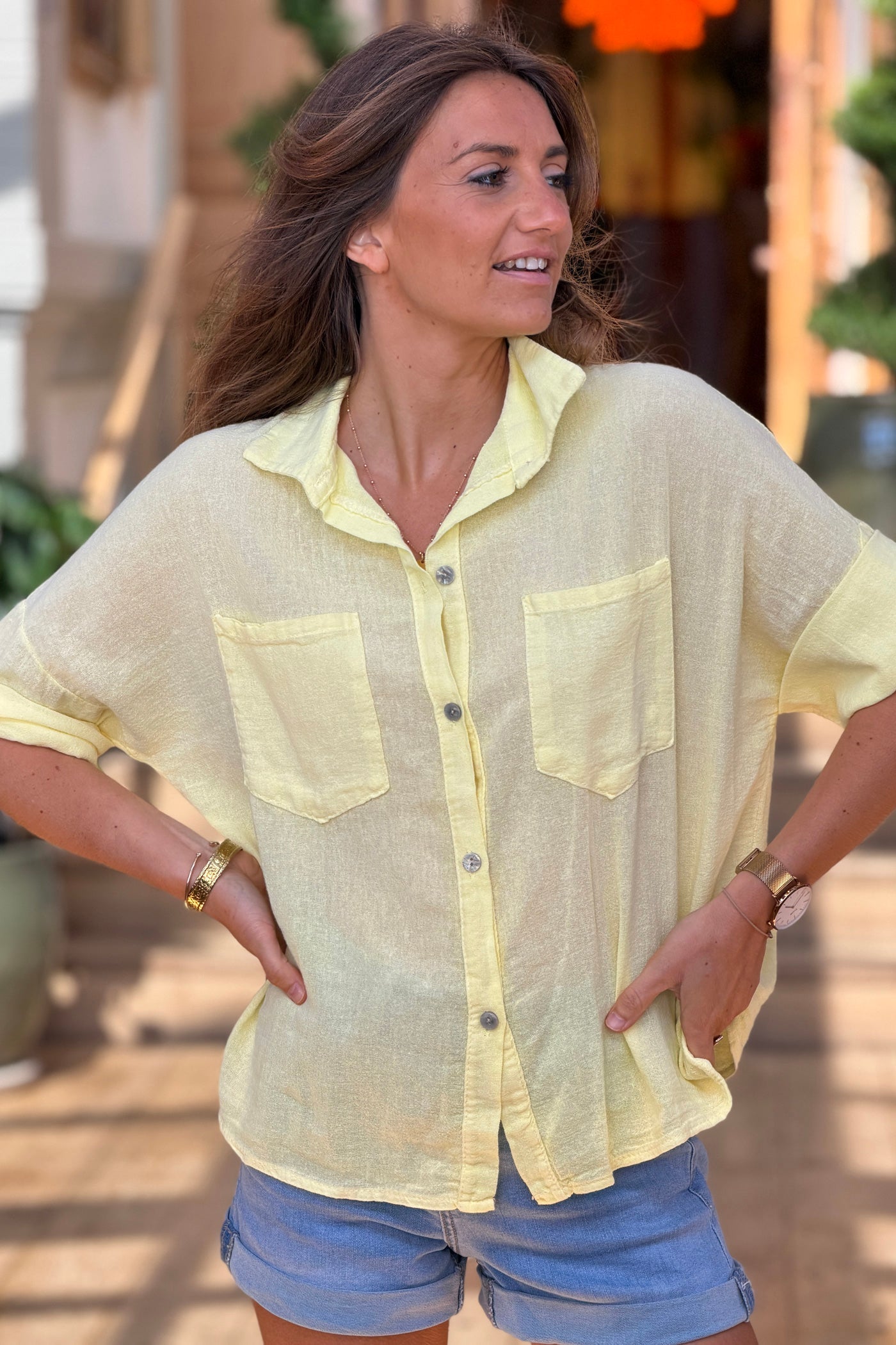 Camisa Amarilla Lavada Algodón Mangas 3/4 Bolsillos