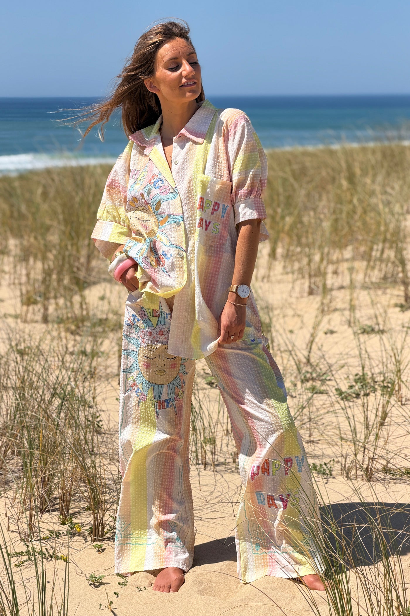 Camisa Amplia Manga Corta Seersucker Amarillo Happy Days