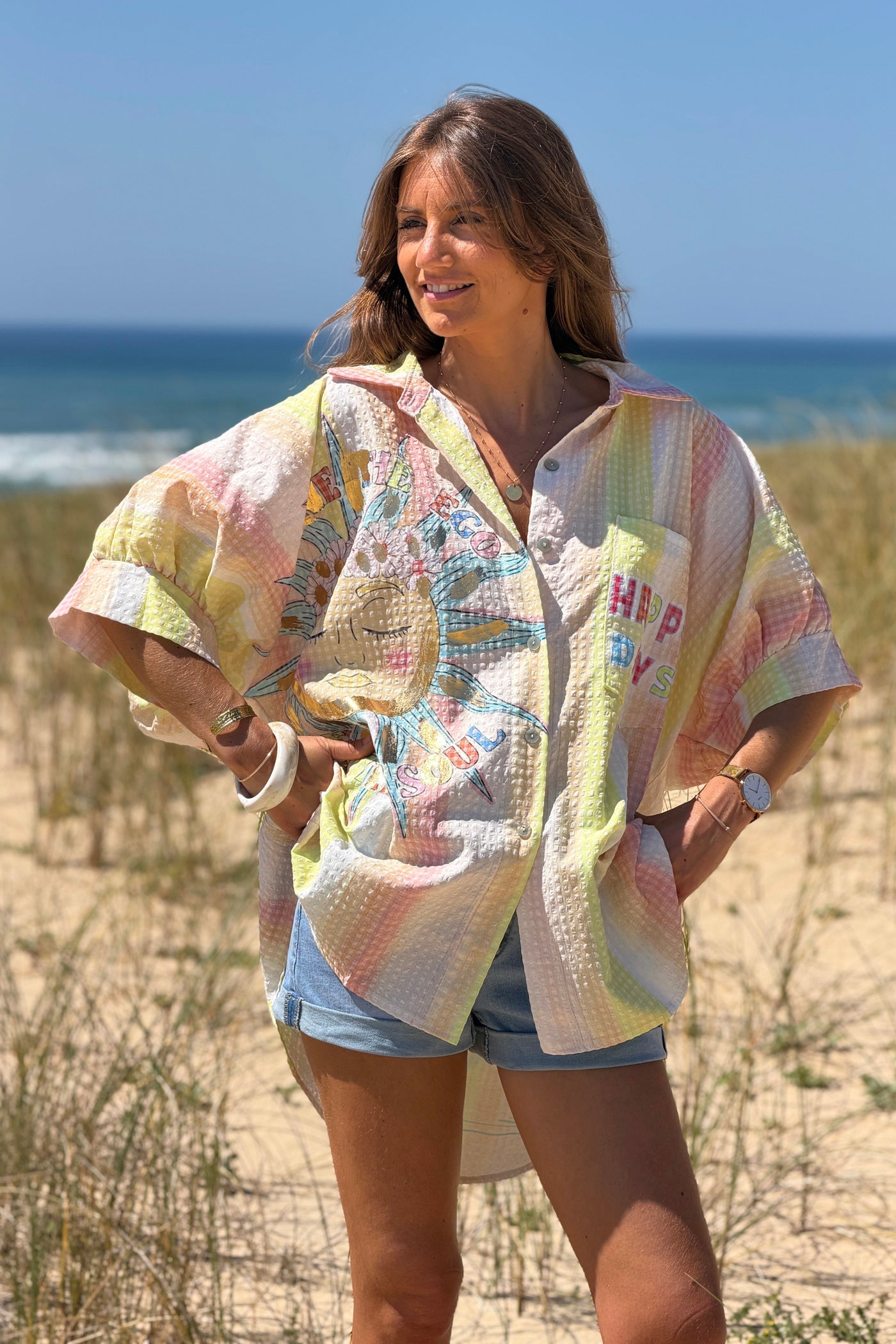 Camisa Amplia Manga Corta Seersucker Amarillo Happy Days