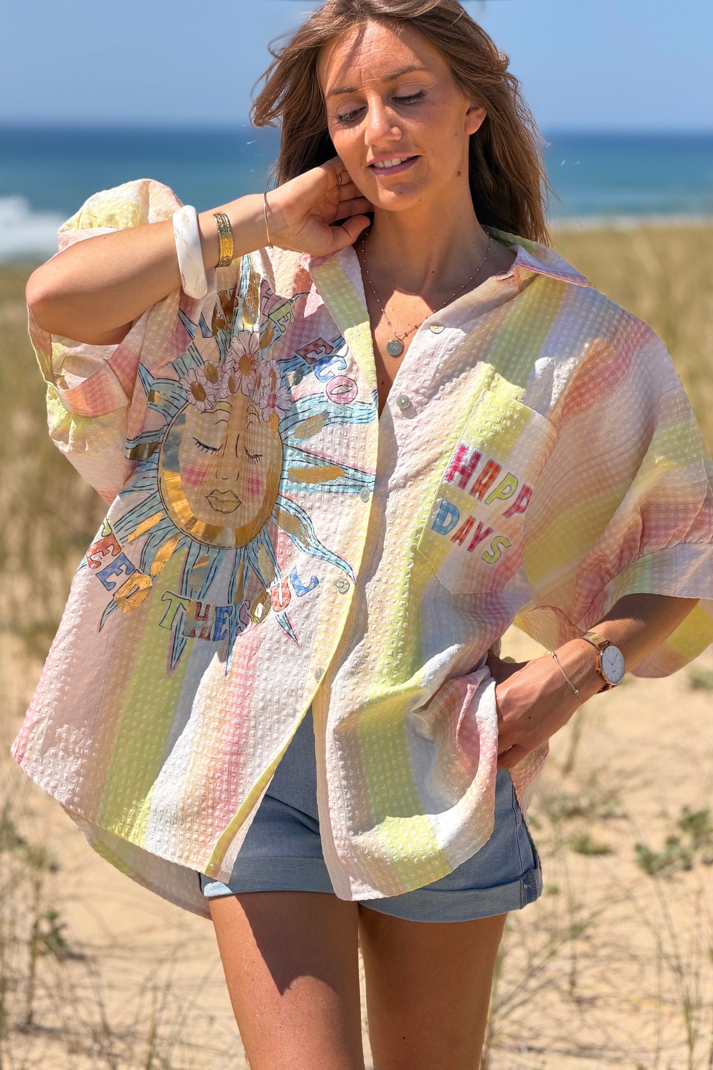Camisa Amplia Manga Corta Seersucker Amarillo Happy Days