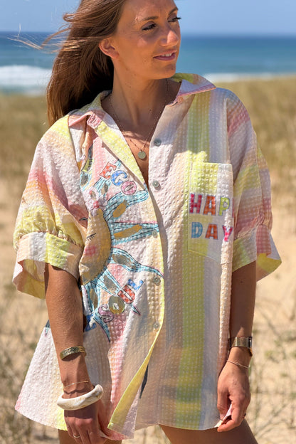 Camisa Amplia Manga Corta Seersucker Amarillo Happy Days