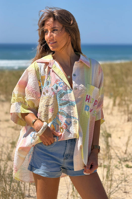 Camisa Amplia Manga Corta Seersucker Amarillo Happy Days