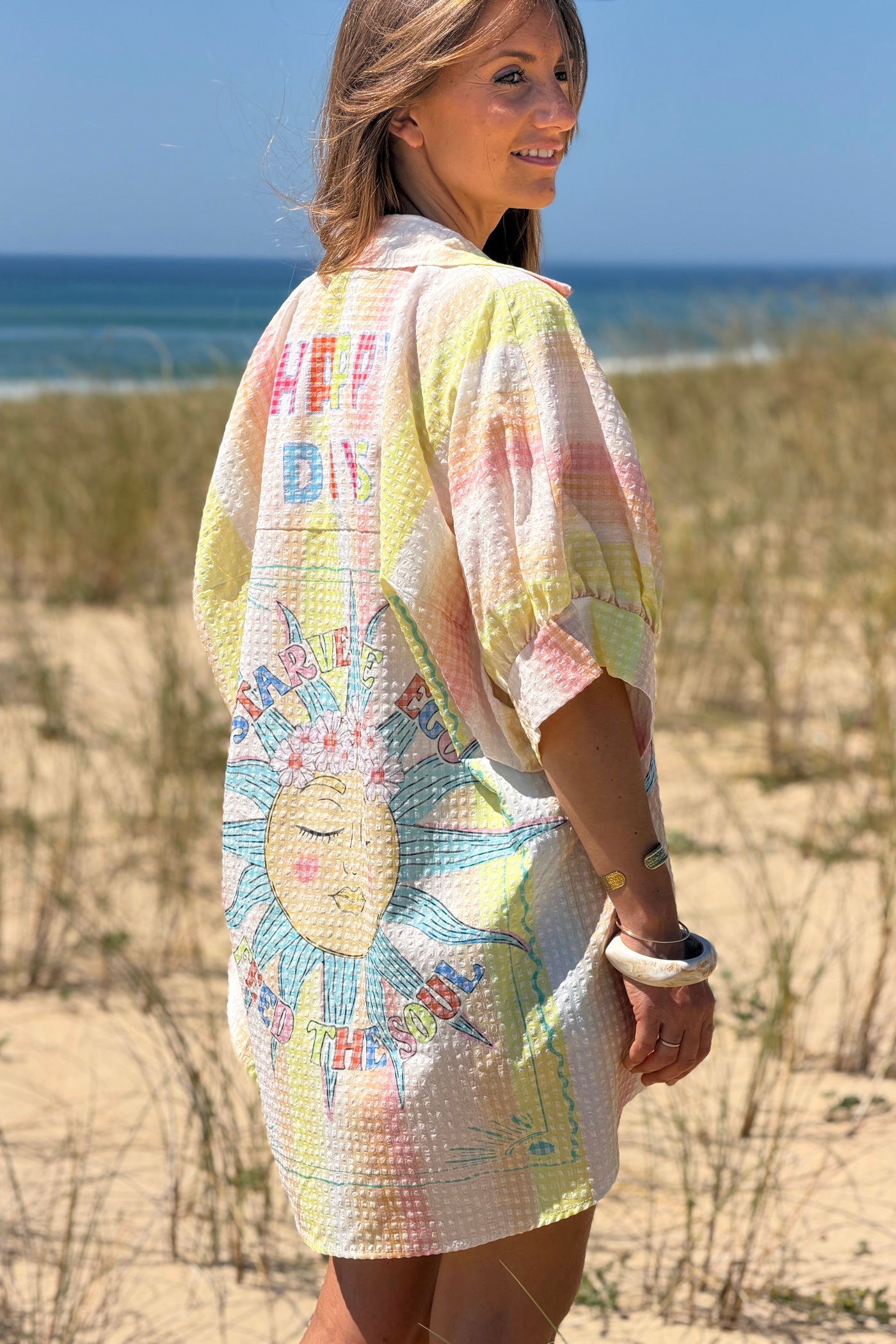 Camisa Amplia Manga Corta Seersucker Amarillo Happy Days