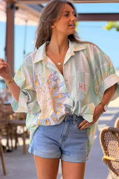 Camisa Amplia Manga Corta Seersucker Verde Happy Days