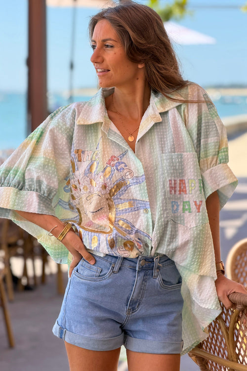 Camisa Amplia Manga Corta Seersucker Verde Happy Days