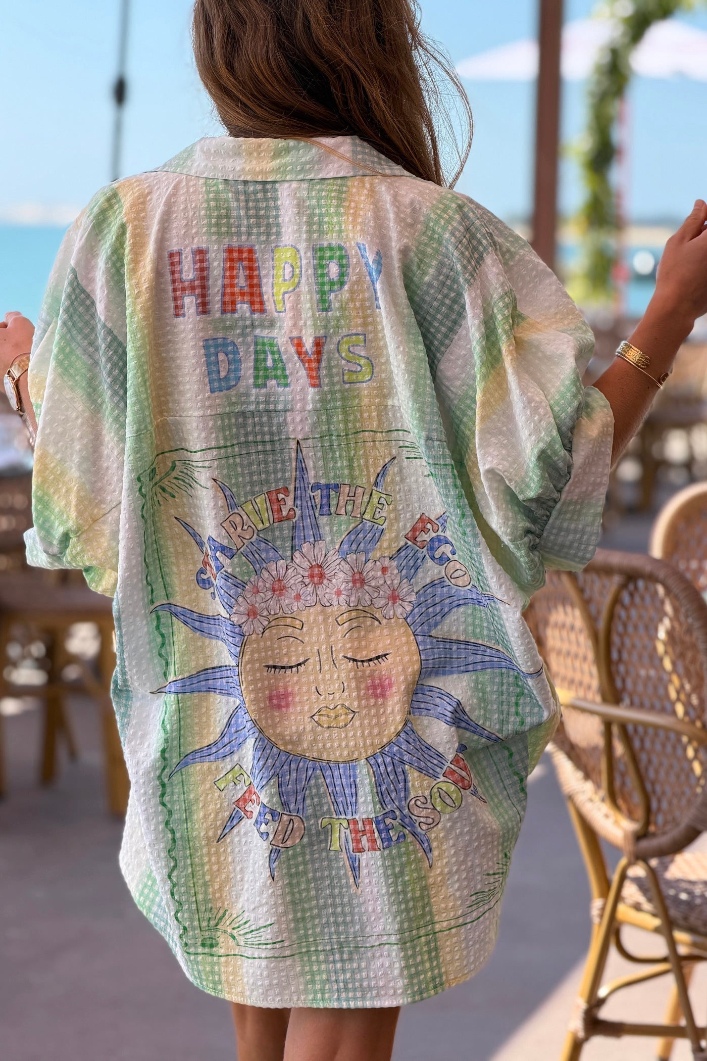 Camisa Amplia Manga Corta Seersucker Verde Happy Days
