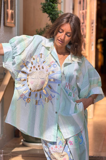 Camisa Amplia Manga Corta Seersucker Verde Happy Days