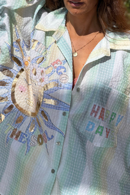 Camisa Amplia Manga Corta Seersucker Verde Happy Days