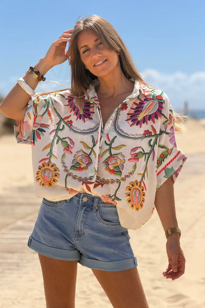 Camisa Amplia Manga Corta Estampado Bordado Flores Coloridas