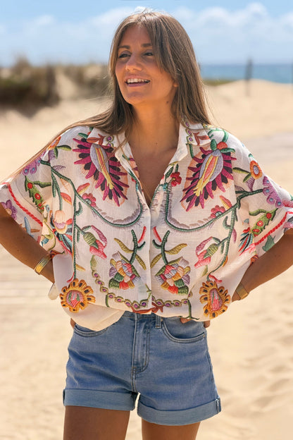 Camisa Amplia Manga Corta Estampado Bordado Flores Coloridas