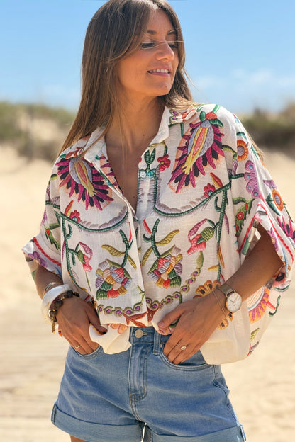 Camisa Amplia Manga Corta Estampado Bordado Flores Coloridas