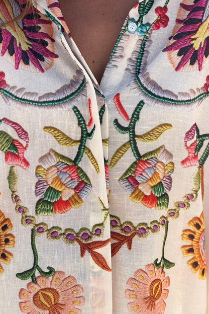 Camisa Amplia Manga Corta Estampado Bordado Flores Coloridas