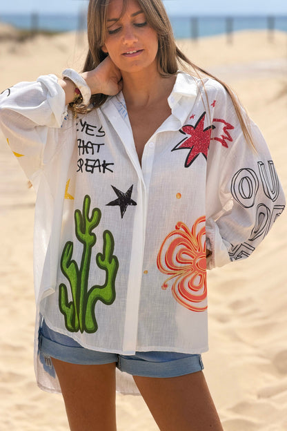 Camisa Amplia Cruda Mangas Largas Estampado Cactus Flores y Ojos
