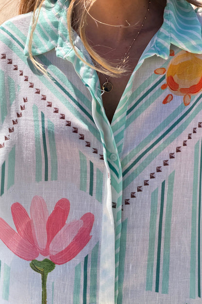 Camisa Amplia Rayas Verde Agua Flores y Palmeras