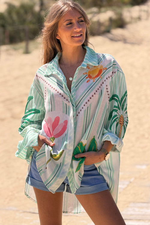 Camisa Amplia Rayas Verde Agua Flores y Palmeras