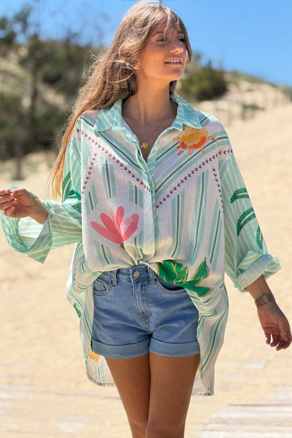 Camisa Amplia Rayas Verde Agua Flores y Palmeras