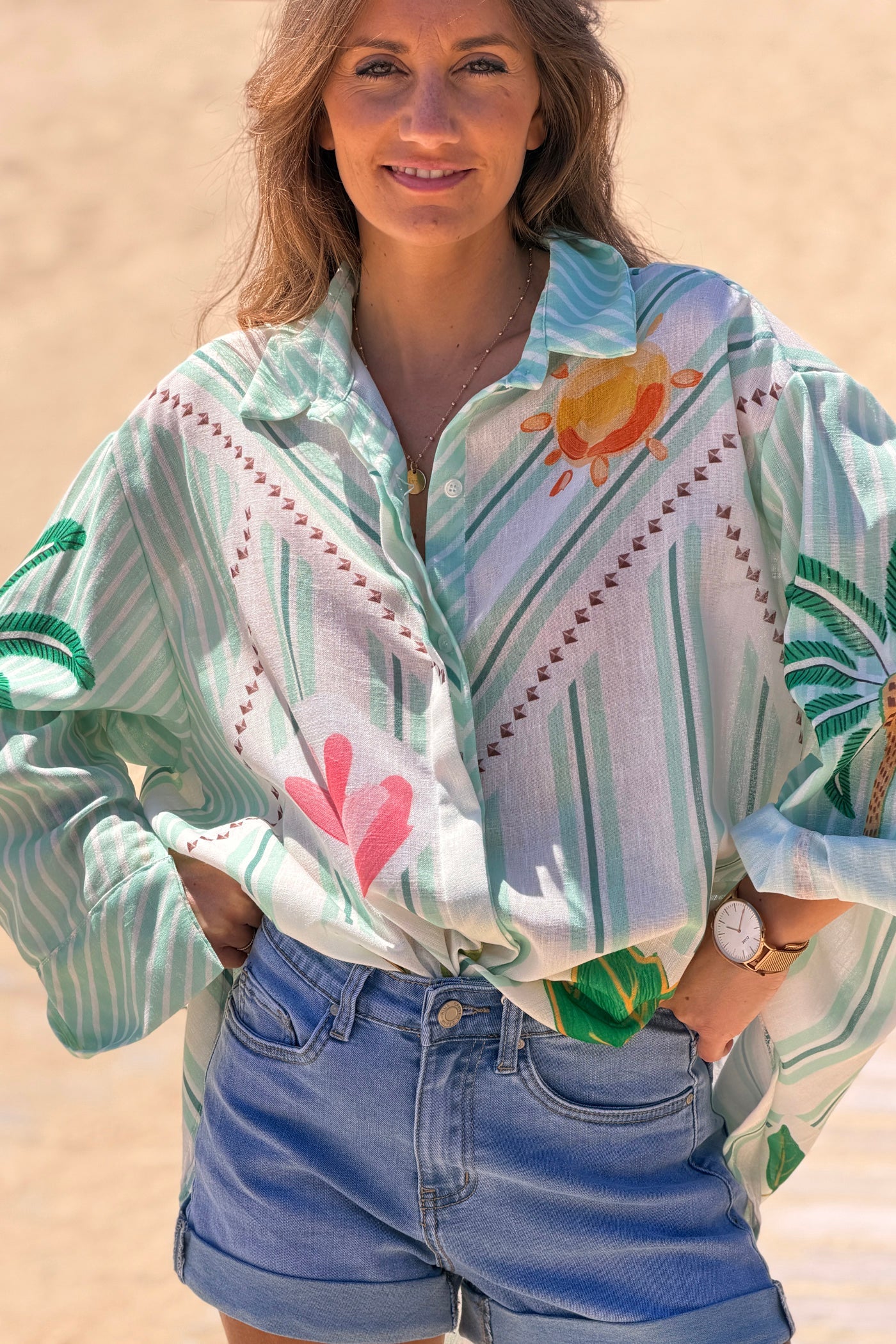Camisa Amplia Rayas Verde Agua Flores y Palmeras