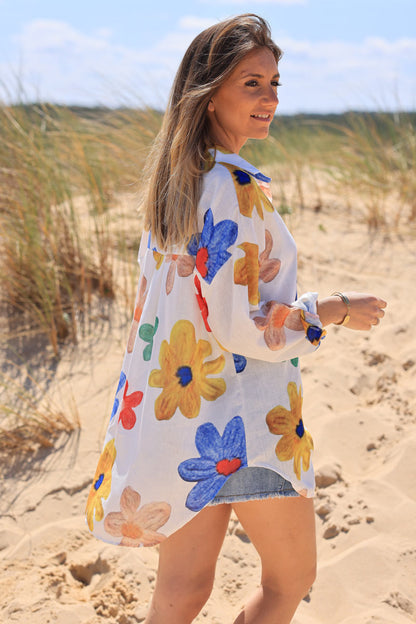 Camisa Ligera Blanca Grandes Flores Estampadas Coloridas