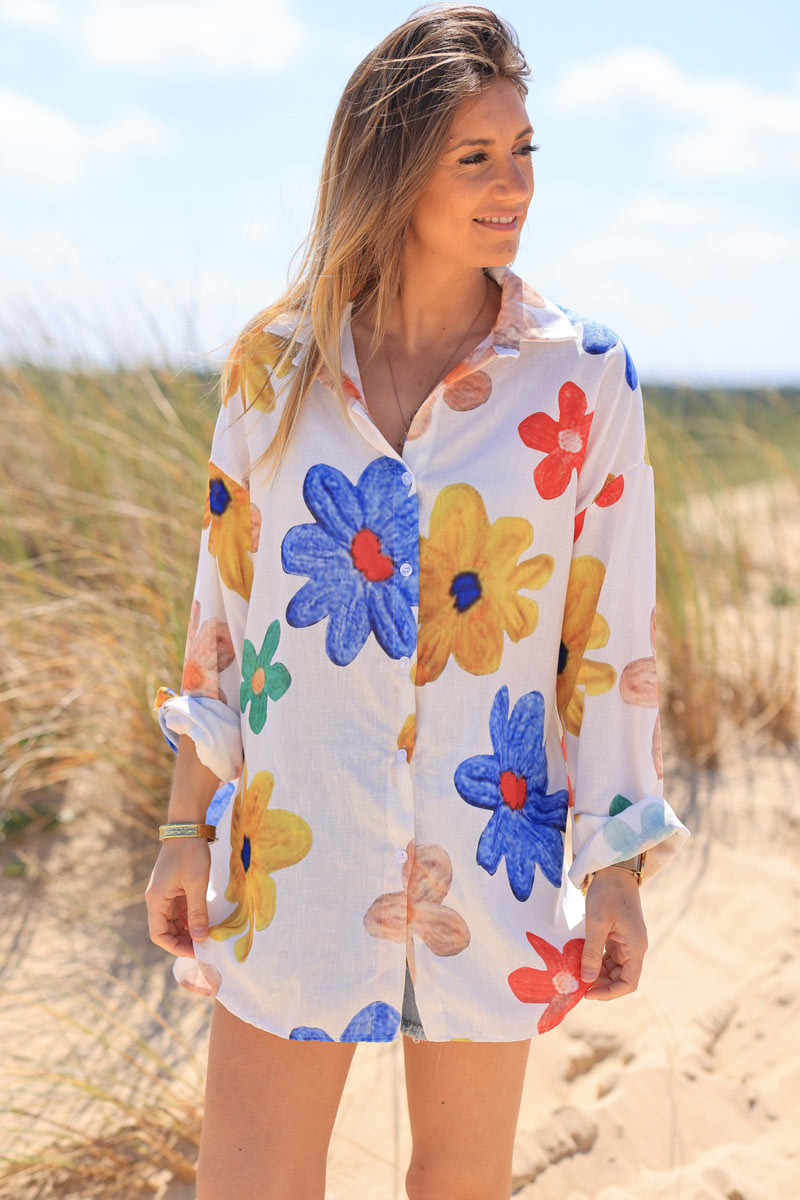 Camisa Ligera Blanca Grandes Flores Estampadas Coloridas