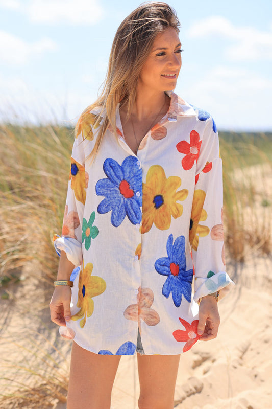Camisa Ligera Blanca Grandes Flores Estampadas Coloridas