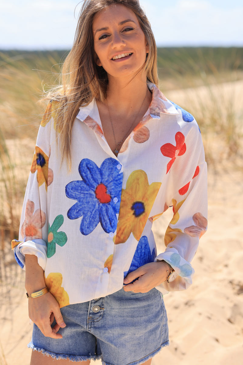 Camisa Ligera Blanca Grandes Flores Estampadas Coloridas