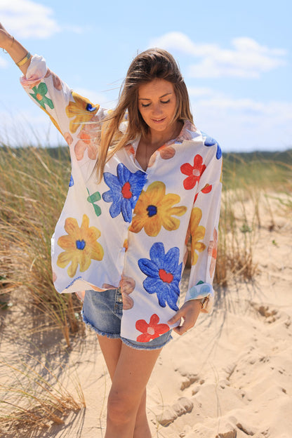 Camisa Ligera Blanca Grandes Flores Estampadas Coloridas