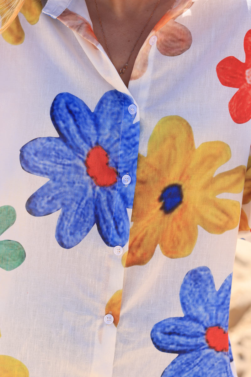 Camisa Ligera Blanca Grandes Flores Estampadas Coloridas