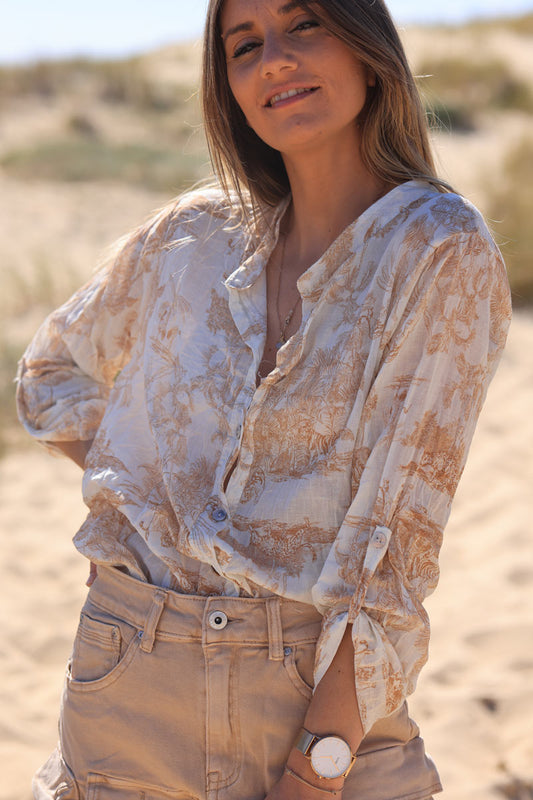 Camisa Ligera Voile Algodón Toile de Jouy Beige