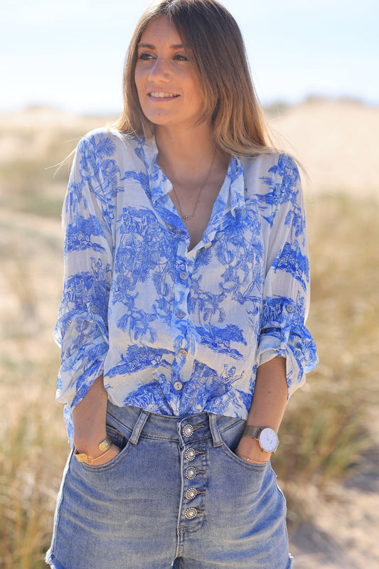Camisa Ligera Voile Algodón Toile de Jouy Azul Rey