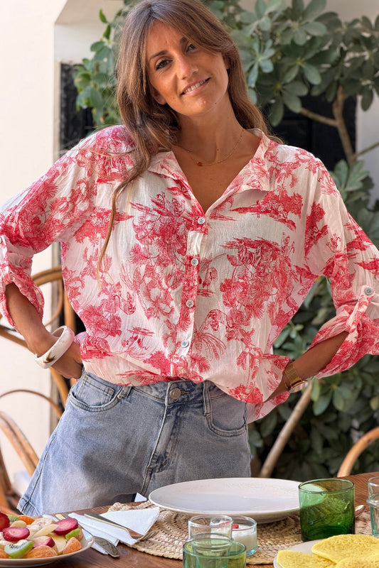 Camisa Ligera Voile Algodón Toile de Jouy Rojo