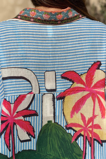 Camisa Suelta Rayas Azul Tropical Palmeras y Loros