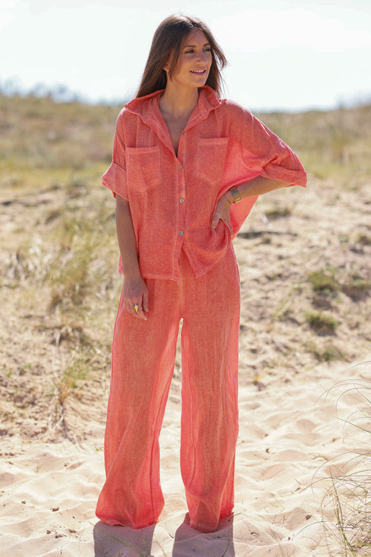 Camisa Naranja Lavada Algodón Mangas 3/4 Bolsillos