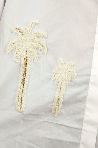 Camisa Oversize Blanca Algodón Bordado Palmeras Lentejuelas