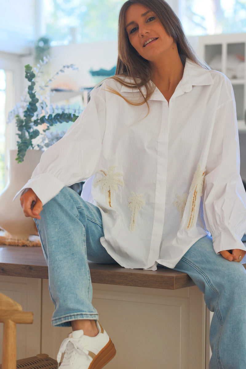 Camisa Oversize Blanca Algodón Bordado Palmeras Lentejuelas