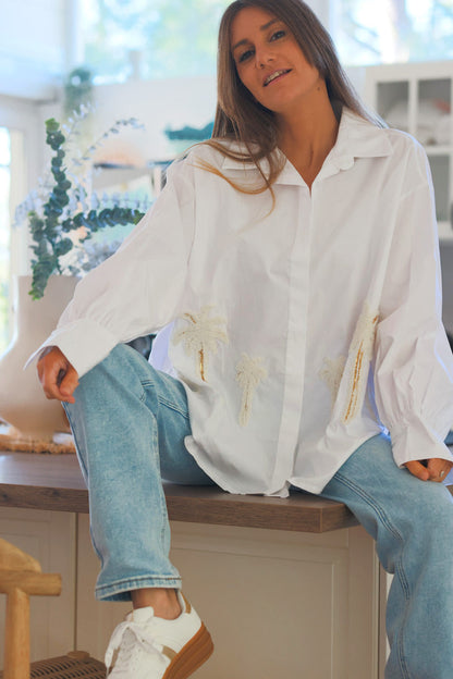 Camisa Oversize Blanca Algodón Bordado Palmeras Lentejuelas
