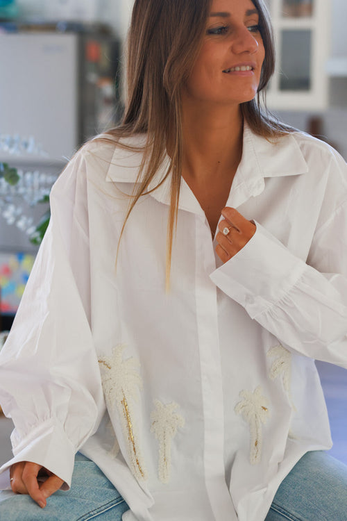 Camisa Oversize Blanca Algodón Bordado Palmeras Lentejuelas