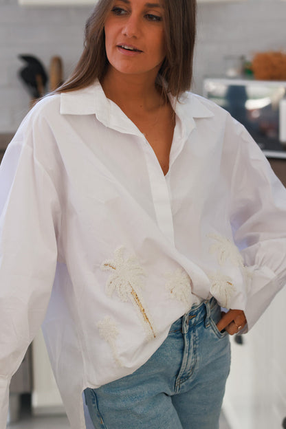 Camisa Oversize Blanca Algodón Bordado Palmeras Lentejuelas
