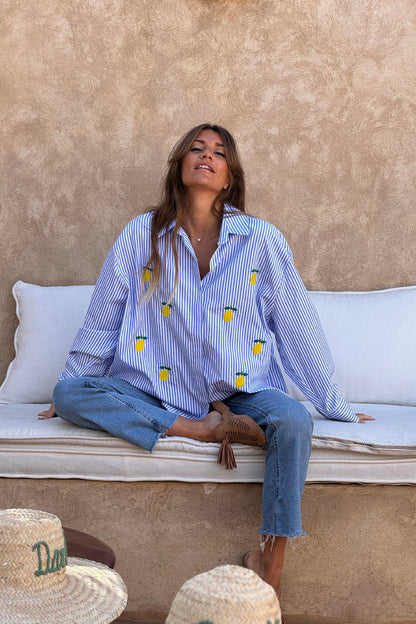 Camisa Rayas Azul Bordado Limones