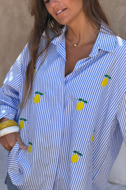 Camisa Rayas Azul Bordado Limones