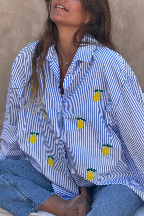Camisa Rayas Azul Bordado Limones
