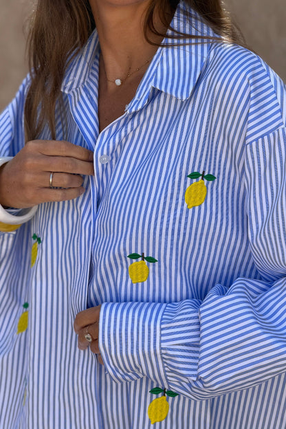 Camisa Rayas Azul Bordado Limones