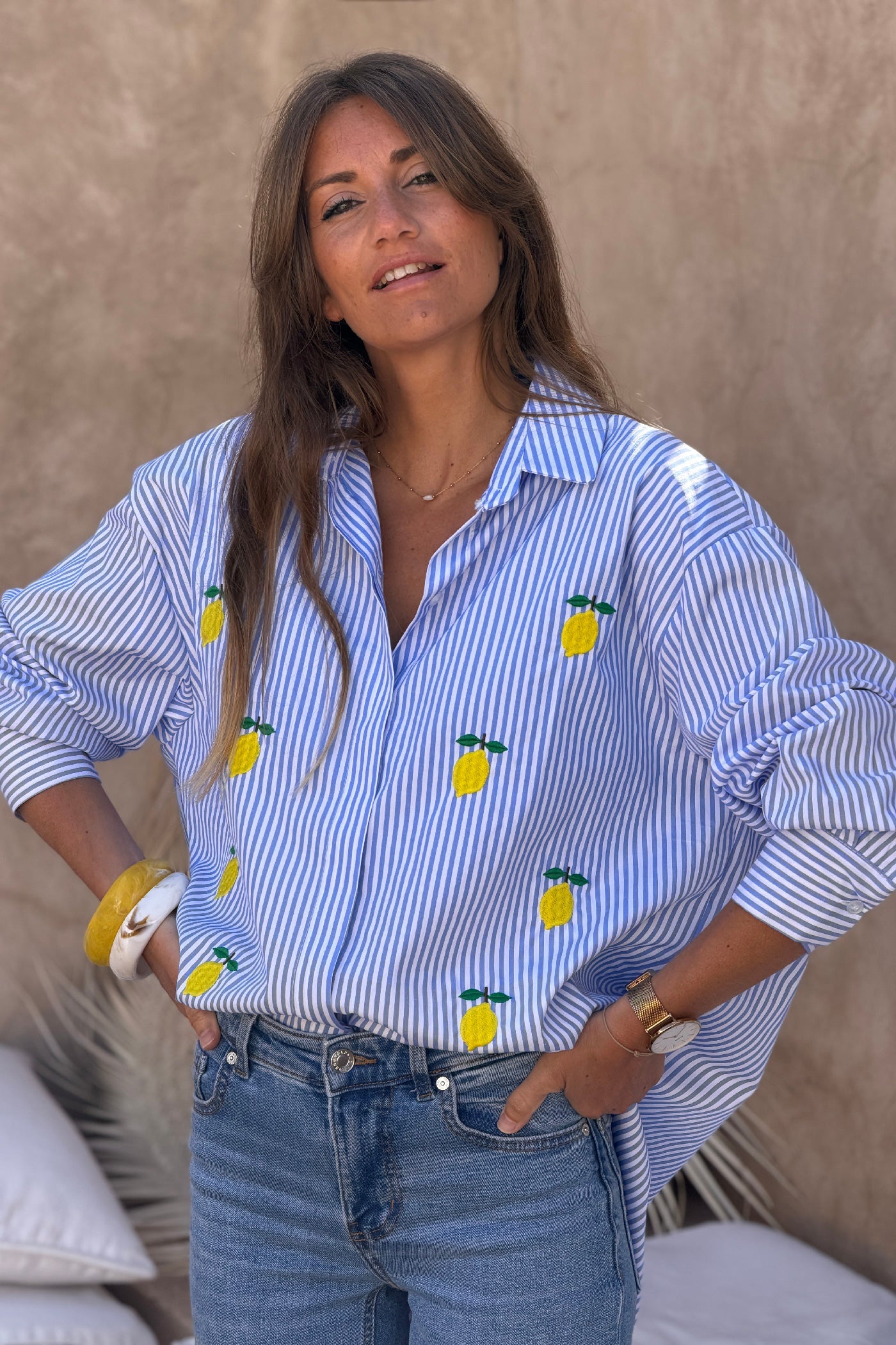 Camisa Rayas Azul Bordado Limones