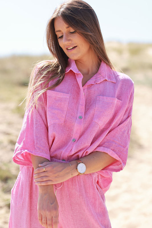 Camisa Rosa Fucsia Lavada Algodón Mangas 3/4 Bolsillos